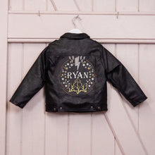 Load image into Gallery viewer, Custom Embroidered Boy&#39;s Name Leather Biker Jacket - Lightning Bolts, Shooting Stars, Electric
