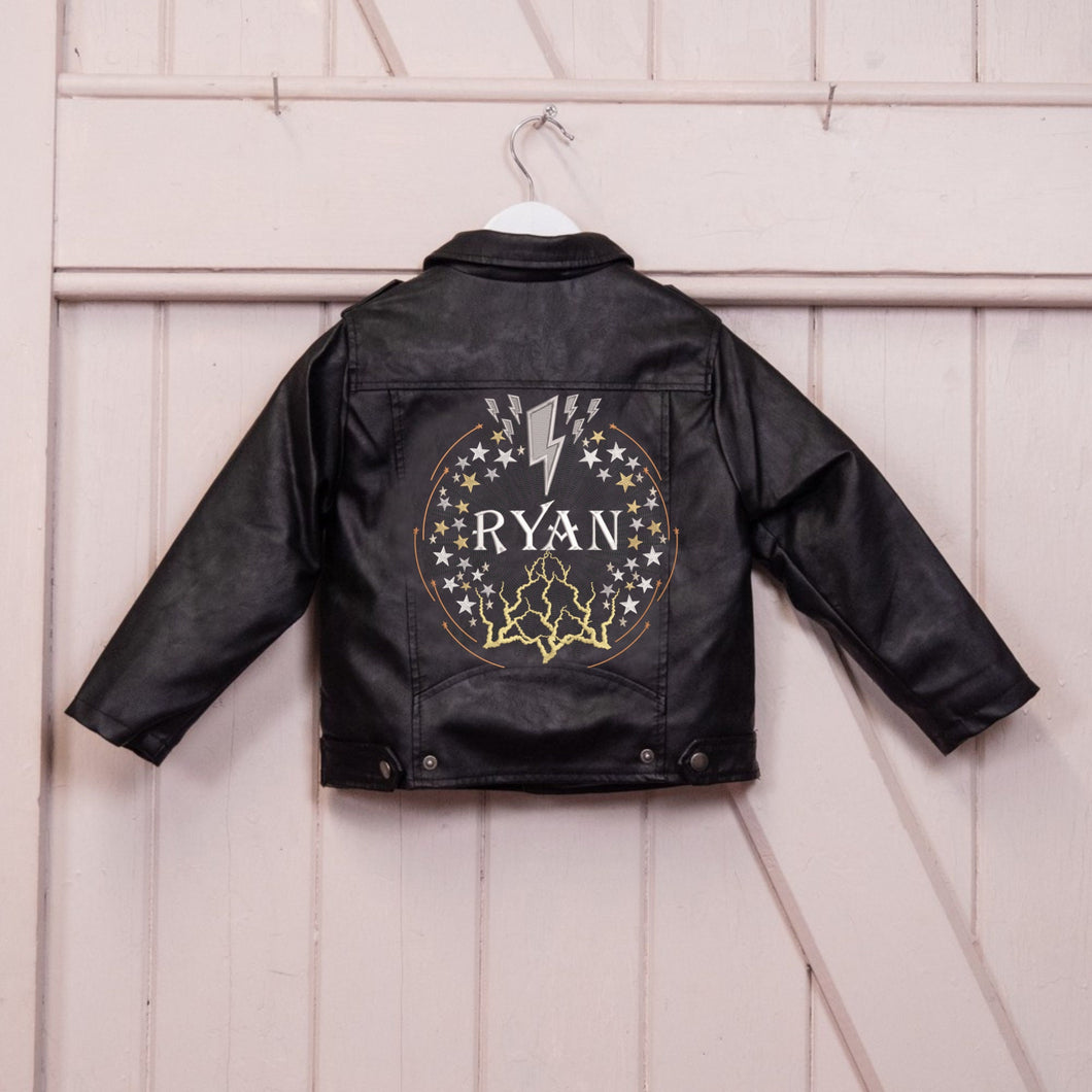 Custom Embroidered Boy's Name Leather Biker Jacket - Lightning Bolts, Shooting Stars, Electric