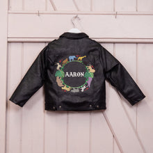 Load image into Gallery viewer, Custom Embroidered Boy&#39;s Name Leather Biker Jacket - Wild One, Jungle Animals, Lion
