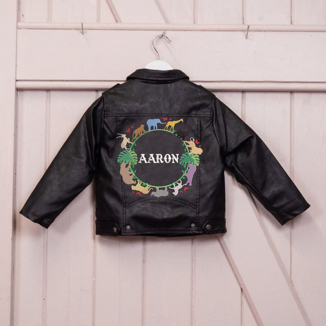 Custom Embroidered Boy's Name Leather Biker Jacket - Wild One, Jungle Animals, Lion