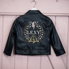 Load image into Gallery viewer, Custom Embroidered Kid&#39;s Name Faux Vegan Pleather Biker Jacket - Lightning Bolts and Thunder
