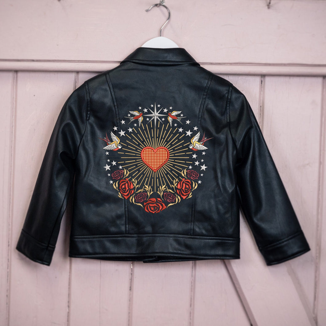 Custom Faux Vegan Pleather Embroidered Kid's Jacket - Mini Celestial Love