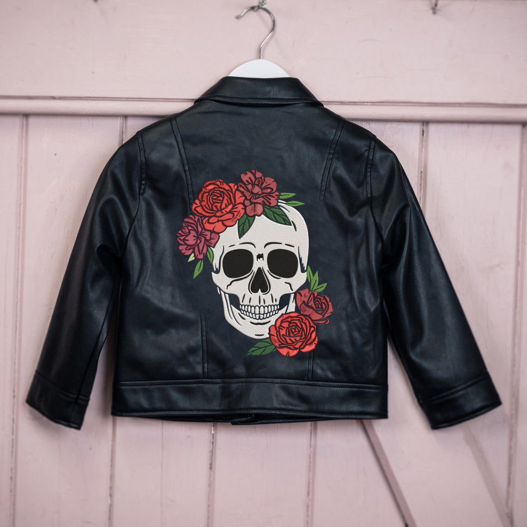 Custom Faux Vegan Pleather Embroidered Kid's Jacket - Gothic Skull with Roses
