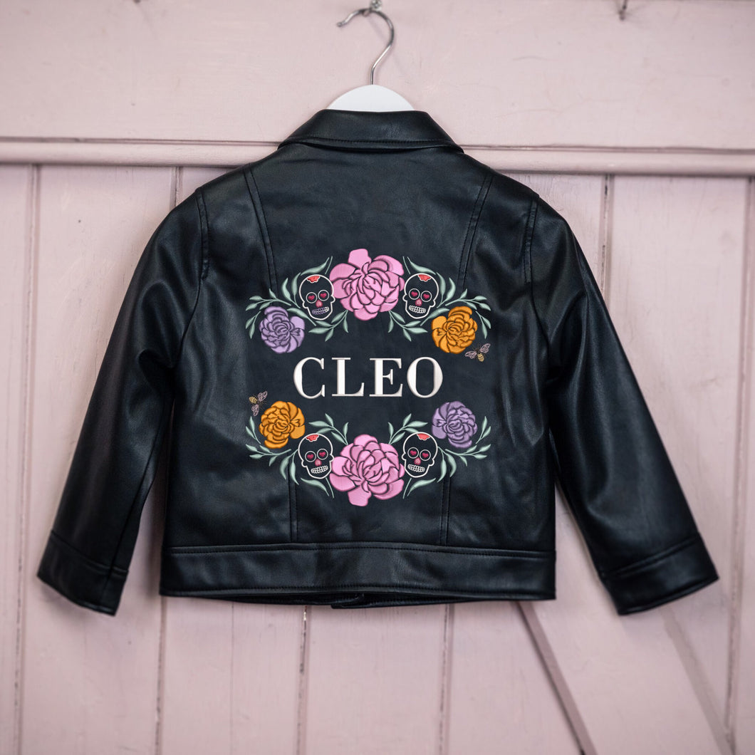 Custom Name Jacket - Kid Leather Jacket - Sugar Skull Wreath - Flower Girl Jacket - My First Easter - 1st Birthday Present - Day of the Dead