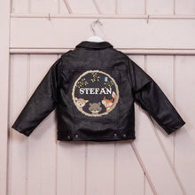 Load image into Gallery viewer, Custom Embroidered Boy&#39;s Name Leather Biker Jacket - Animals. Forest, Woodland, Bear, Deer, Fox
