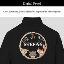 Load image into Gallery viewer, Custom Embroidered Boy&#39;s Name Leather Biker Jacket - Animals. Forest, Woodland, Bear, Deer, Fox
