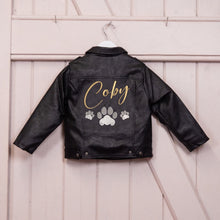 Load image into Gallery viewer, Custom Embroidered Boy&#39;s Name Leather Biker Jacket - Bearcub Footprints
