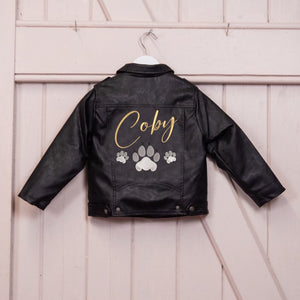 Custom Embroidered Boy's Name Leather Biker Jacket - Bearcub Footprints