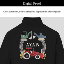 Load image into Gallery viewer, Custom Embroidered Boy&#39;s Name Leather Biker Jacket - Tractor, Truck, Vehicle Design
