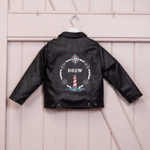 Load image into Gallery viewer, Custom Embroidered Boy&#39;s Name Leather Biker Jacket - Sea, Sailor, Anchor, Lighthouse, Compass
