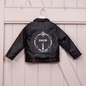 Custom Embroidered Boy's Name Leather Biker Jacket - Sea, Sailor, Anchor, Lighthouse, Compass