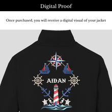 Load image into Gallery viewer, First Christmas, Birthday Custom Embroidered Boy&#39;s Name Leather Biker Jacket - Sea, Sailor, Anchor, Lighthouse, Compass
