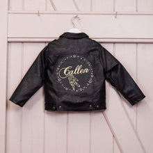 Load image into Gallery viewer, Custom Embroidered Boy&#39;s Name Leather Biker Jacket - Space, Stars, Astronaut, Universe
