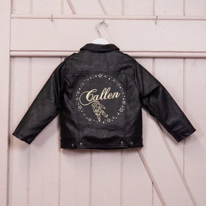 Custom Embroidered Boy's Name Leather Biker Jacket - Space, Stars, Astronaut, Universe
