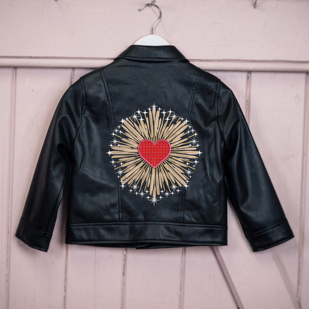Custom Embroidered Kid's Name Leather Biker Jacket - Red Love Heart