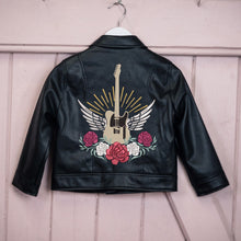 Load image into Gallery viewer, Custom Embroidered Kid&#39;s Name Leather Biker Jacket - Electric Guitar and Roses
