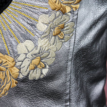 Load image into Gallery viewer, Golden Floral Black Heart Metallic Silver Faux Leather Embroidered Biker Jacket
