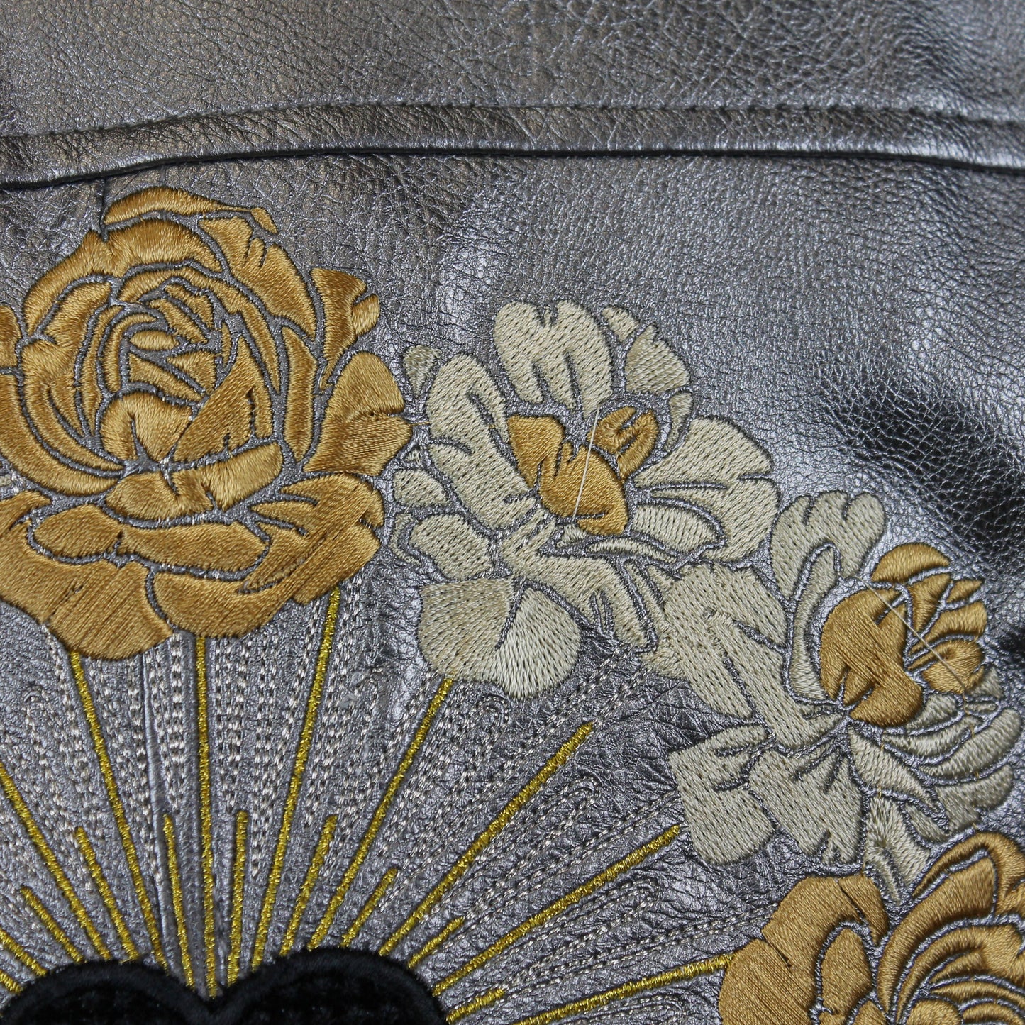 Golden Floral Black Heart Metallic Silver Faux Leather Embroidered Biker Jacket