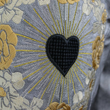 Load image into Gallery viewer, Golden Floral Black Heart Metallic Silver Faux Leather Embroidered Biker Jacket
