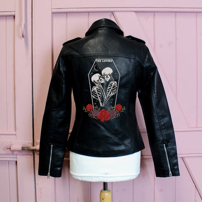The Lovers Coffin Black Leather Bridal Jacket – a dark and symbolic cover-up for a mysterious and unique wedding